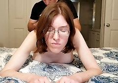Amateur nerd with big glasses sucking cock